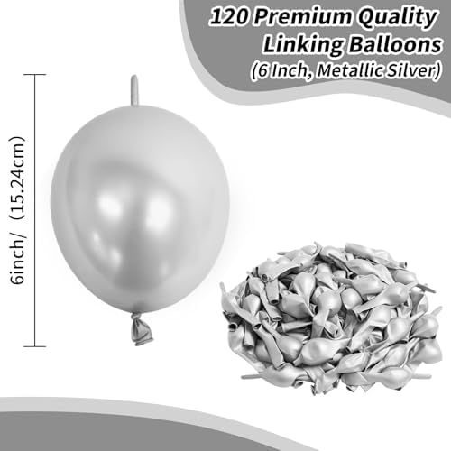 6 Inch Metallic Silver Linking Balloons, 120Pcs Quick Link Balloons Garland & Arch Kit for DIY Balloon Wall, alternate view 2