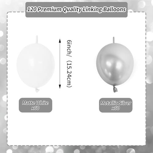 6 Inch White and Silver Linking Balloons, 120Pcs Quick Link Balloons Garland Arch Kit for DIY Balloon Wall, alternate view 2