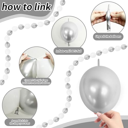 6 Inch White and Silver Linking Balloons, 120Pcs Quick Link Balloons Garland Arch Kit for DIY Balloon Wall, alternate view 3