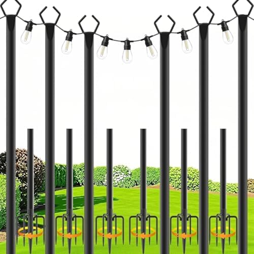 6 Pack 10Ft String Light Poles, Light Poles for Outside Lights with Fork, Outdoor Brackets Hanging Lights, Metal