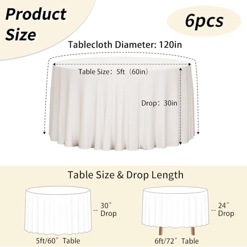6 Pack 120 Inch Tablecloths Round Ivory Table Cover in Ivory, alternate view 3