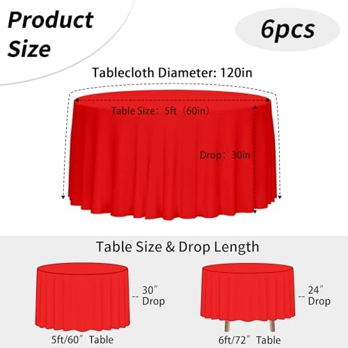 6 Pack 120 Inch Tablecloths Round Red Table Cover in Red, alternate view 3