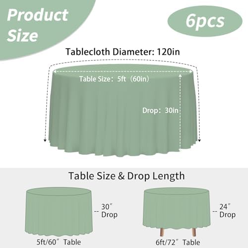 6 Pack 120 Inch Tablecloths Round Sage Green Table Cover in Sage Green, alternate view 3