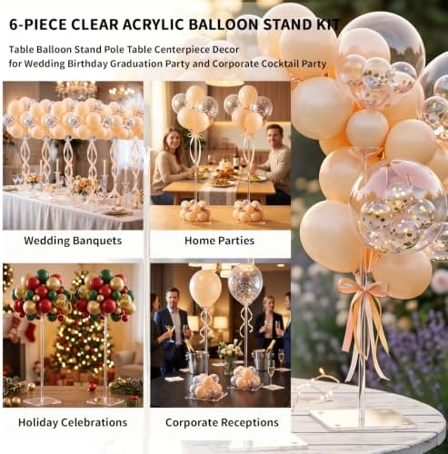 6 Pack 15.75 Inch Clear Acrylic Tabletop Balloon Stand Kit, Reusable Balloon Sticks Holders with Base, Table, alternate view