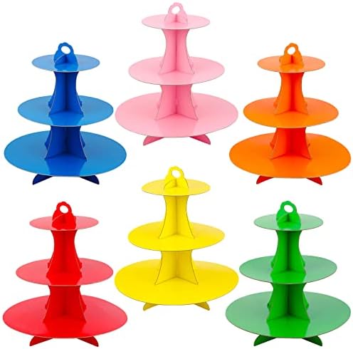 6 Pack 3 Tier Cardboard Cupcake Stand, Colorful Round Cupcake Tower in Blue, Green, Orange, Pink, Red, Yellow