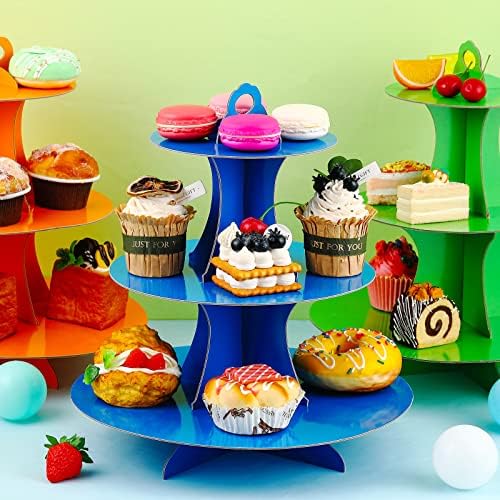 6 Pack 3 Tier Cardboard Cupcake Stand, Colorful Round Cupcake Tower in Blue, Green, Orange, Pink, Red, Yellow, alternate view