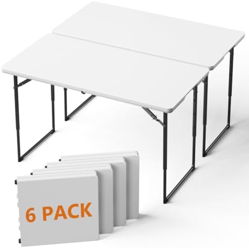 6 Pack 4 FT Folding Table with Adjustable Height, Heavy Duty Fold in Half Utility Table, Portable Plastic Picnic