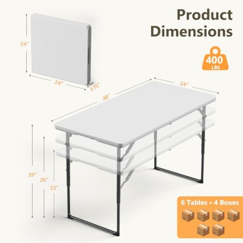 6 Pack 4 FT Folding Table with Adjustable Height, Heavy Duty Fold in Half Utility Table, Portable Plastic Picnic, alternate