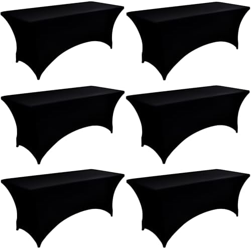 6-Pack 4ft Spandex Black Table Covers for Rectangular Folding Tables - Wrinkle Resistant Stretch Tight Table