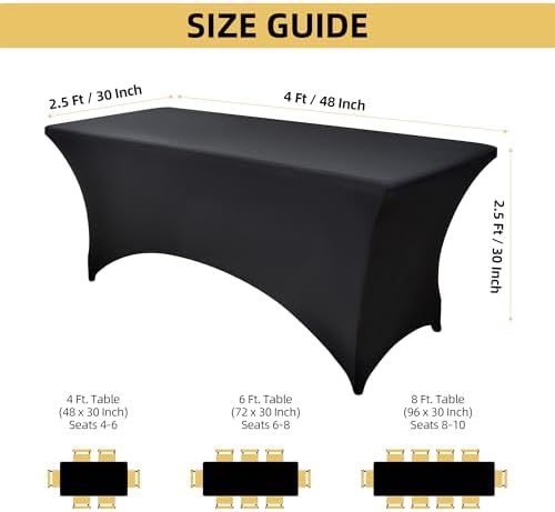6-Pack 4ft Spandex Black Table Covers for Rectangular Folding Tables - Wrinkle Resistant Stretch Tight Table, alternate view