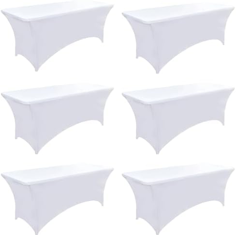 6-Pack 4ft White Spandex Table Covers for Rectangular Folding Tables - Wrinkle Resistant Stretch Tight Table