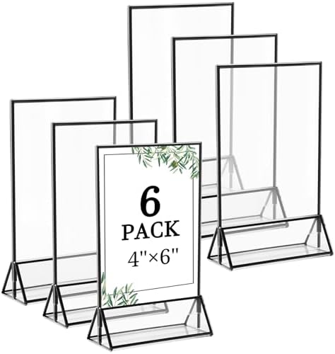 6 Pack 4x6 Inch Clear Acrylic Sign Holders, Black Border Double-Sided Vertical Picture Frames & Display Stands