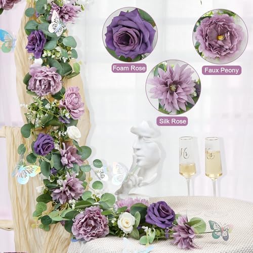 6 Pack 5.9 FT Artificial Flower Garland with Butterflies Fake Rose Garland Faux Greenery Eucalyptus Garlands for, alternate