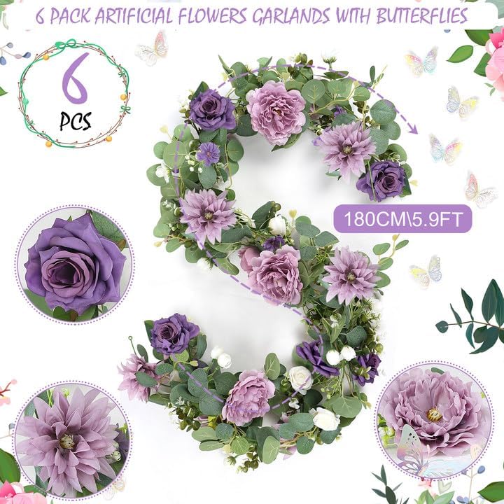 6 Pack 5.9 FT Artificial Flower Garland with Butterflies Fake Rose Garland Faux Greenery Eucalyptus Garlands for, alternate
