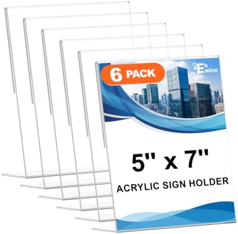 6 Pack 5 x 7 Acrylic Sign Holder, Clear Plastic Signs Display Stand, Vertical Slanted Back Paper Holder Stand up