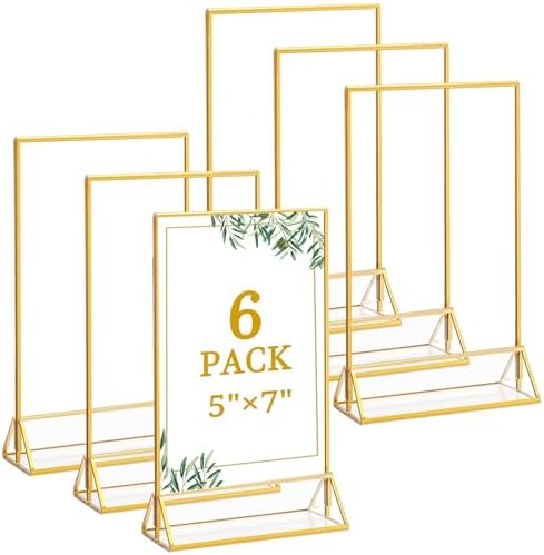 6 Pack 5x7 Inch Clear Acrylic Sign Holders, Gold Border Double-Sided Vertical Picture Frames & Display Stands