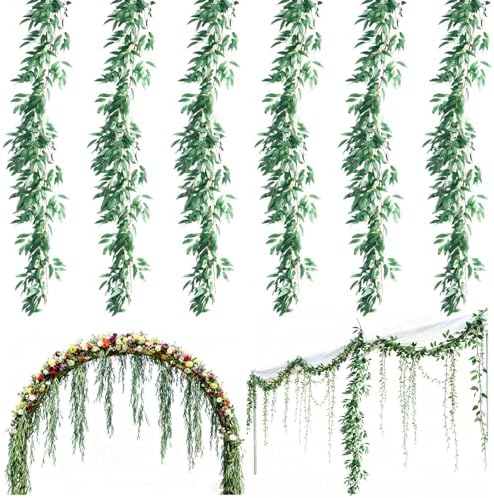6 Pack 6 ft Artificial Willow Leaves Vine Garland, Hanging Greenery Twig Wicker, Fake Silk Green Leaf Rattan