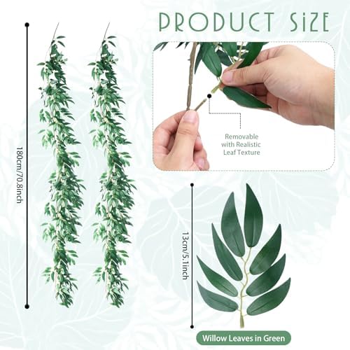 6 Pack 6 ft Artificial Willow Leaves Vine Garland, Hanging Greenery Twig Wicker, Fake Silk Green Leaf Rattan, alternate view