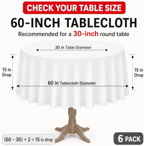 6 Pack 60 Inch Tablecloths Round White Table Cover in White, alternate view 2