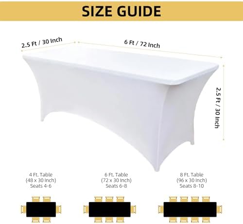6-Pack 6ft White Spandex Table Covers for Rectangle Standard Folding Tables - Wrinkle Resistant Stretch, alternate view 2