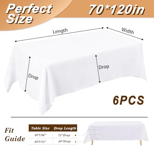 6 Pack 70 x 120 Inch Tablecloths Rectangle White Table Cover in 70 x 120 Inch in White, alternate view 2