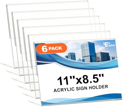 6 Pack 8.5 x 11 Acrylic Sign Holder Horizontal, Clear Plastic Signs Display Stand, Slanted Back Paper Holder