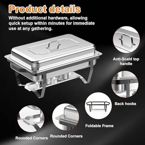 6 Pack 9 Qt Chafing Dishes Buffet Set - Black Stainless Steel Food Warmers with Removable Frame & Water Pan for, alternate