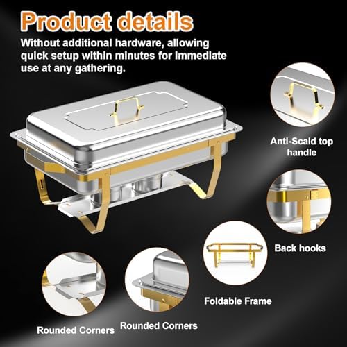 6 Pack 9 Qt Chafing Dishes Buffet Set - Gold Stainless Steel Food Warmers with Removable Frame & Water Pan for, alternate