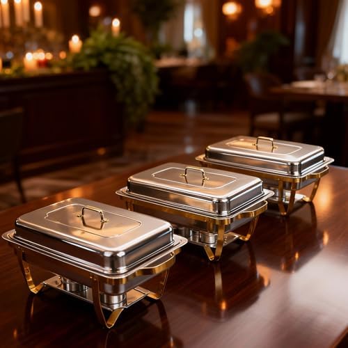 6 Pack 9 Qt Chafing Dishes Buffet Set - Gold Stainless Steel Food Warmers with Removable Frame & Water Pan for, alternate