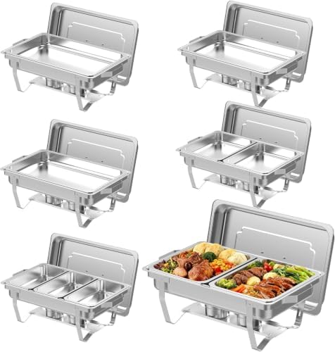 6 Pack 9 Qt Chafing Dishes Buffet Set - Silver Stainless Steel Food Warmers with Removable Frame & Water Pan for