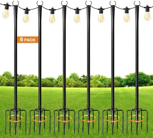 6 Pack 9FT String Light Poles for Outdoor, Metal Lights Hanging Pole Outside with Fork, Light Stand for Patio