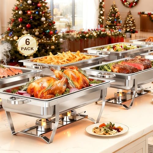 6 Pack 9QT Chafing Dishes for Buffet with 4 Serving Tongs in Full in 6 Pack Rectangular