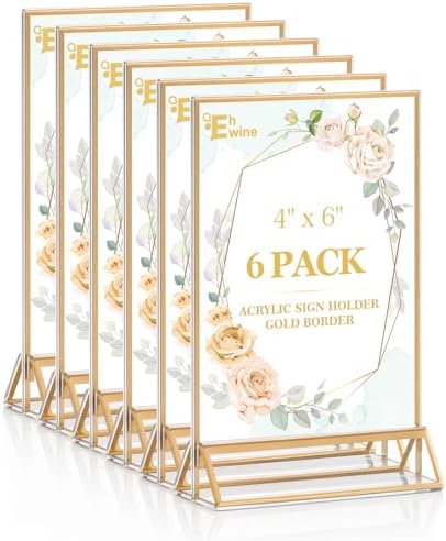 6 Pack Acrylic Sign Holder 4 x 6, Double Sided Gold Picture Frame Stand up Table Top Sign Holders, Clear Display