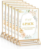 6 Pack Acrylic Sign Holder 4 x 6, Double Sided Gold Picture Frame Stand up Table Top Sign Holders, Clear Display