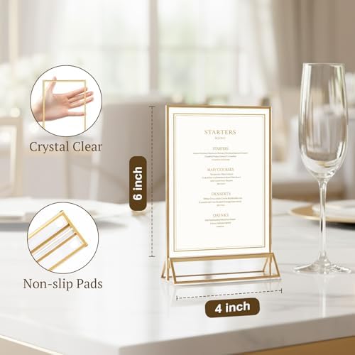 6 Pack Acrylic Sign Holder 4 x 6, Double Sided Gold Picture Frame Stand up Table Top Sign Holders, Clear Display, alternate