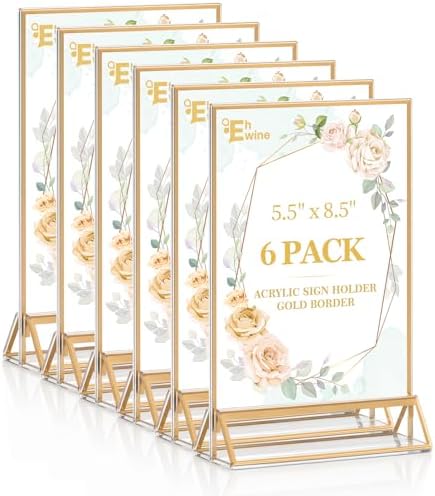 6 Pack Acrylic Sign Holder 5.5 x 8.5, Double Sided Gold Picture Frame Stand up Table Top Sign Holders, Clear