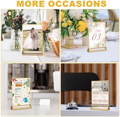 6 Pack Acrylic Sign Holder 5.5 x 8.5, Double Sided Gold Picture Frame Stand up Table Top Sign Holders, Clear, alternate view