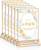 6 Pack Acrylic Sign Holder 5 x 7, Double Sided Gold Picture Frame Stand up Table Top Sign Holders, Clear Display