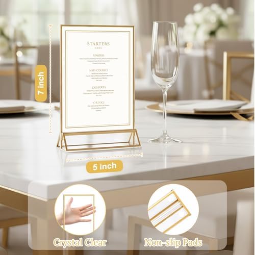 6 Pack Acrylic Sign Holder 5 x 7, Double Sided Gold Picture Frame Stand up Table Top Sign Holders, Clear Display, alternate