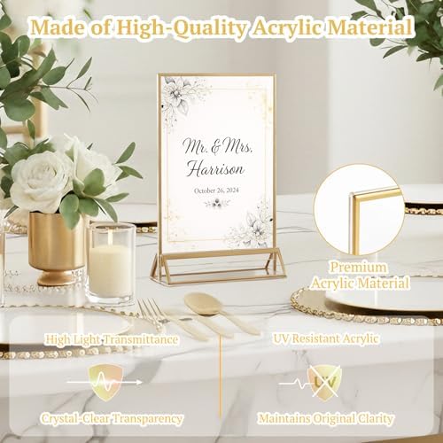 6 Pack Acrylic Sign Holder 5 x 7, Double Sided Gold Picture Frame Stand up Table Top Sign Holders, Clear Display, alternate