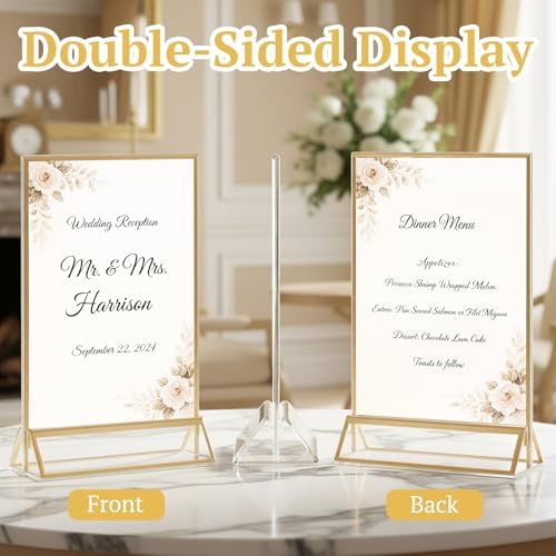 6 Pack Acrylic Sign Holder 5 x 7, Double Sided Gold Picture Frame Stand up Table Top Sign Holders, Clear Display, alternate