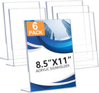 6 Pack Acrylic Sign Holder 8.5 x 11, Clear Plastic Display Stands for Tabletop, L-Shape Acrylic Stands for