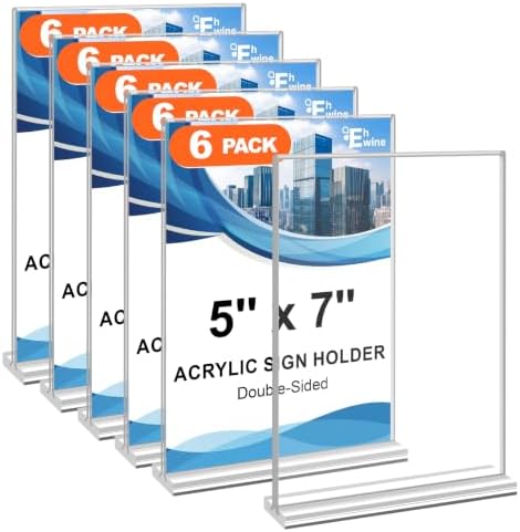 6 Pack Acrylic Sign Holders - 5 x 7, Double-Sided Stand Up Table Top Sign Holders, Clear Acrylic Picture Frame