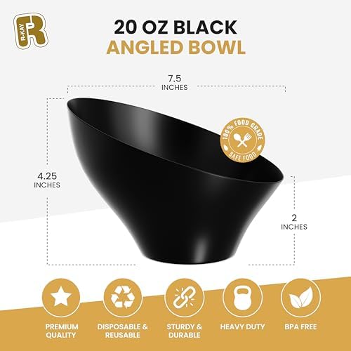 6 Pack Angled Candy Bowls - Black Plastic bowls 20 Oz - Premium Plastic Serving Bowls Heavy Duty For Weddings, alternate view