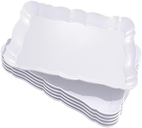 6 Pack Appetizer Serving Tray, Rectangle White Plastic Serving Platters, 15" x 10" Heavy Duty Serving Platters