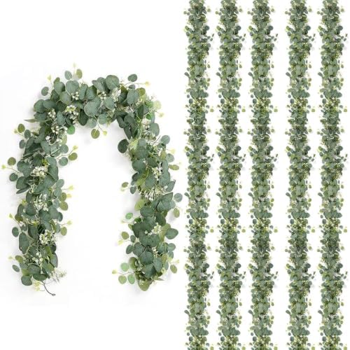 6 Pack Artificial Eucalyptus Garland 6.2 Long Faux Silk Leaf Eucalyptus Leaves Vines Greenery Garland with White