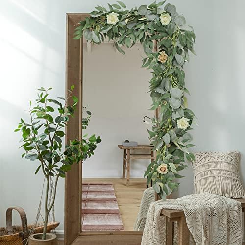 6 Pack Artificial Eucalyptus Garland with Willow Leaves Each 6.5 Feet Faux Greenery Garland for Wedding Arch, alternate view