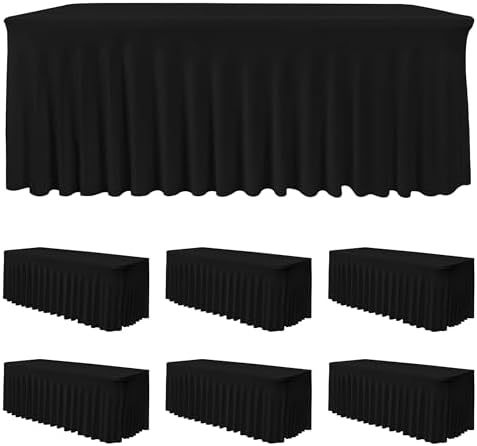 6 Pack Black Spandex Table Covers 6ft Rectangle Ruffle Skirts for Party