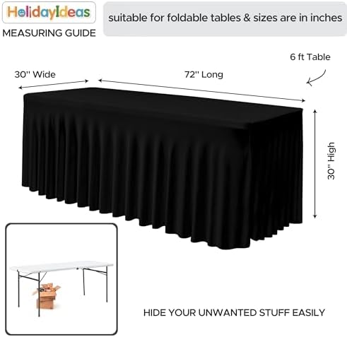 6 Pack Black Spandex Table Covers 6ft Rectangle Ruffle Skirts for Party, alternate view 5