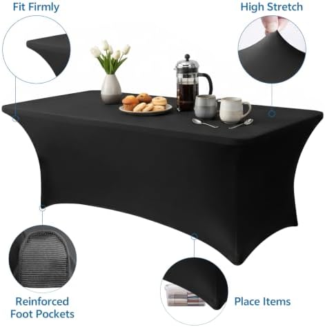 6-Pack Black Spandex Tablecloth for 8ft Rectangle Tables, Fitted Stretch Table Cover, Wrinkle-Resistant Stretch, alternate